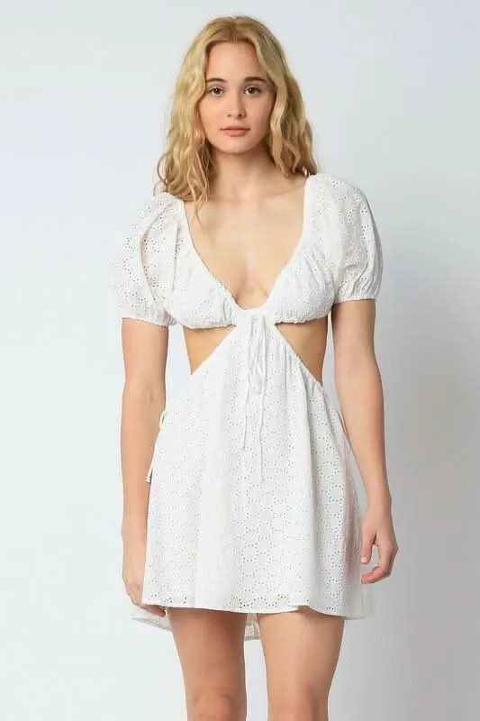 Lenah Ivory Eyelet Cutout Mini Dress sold by Boho Pink