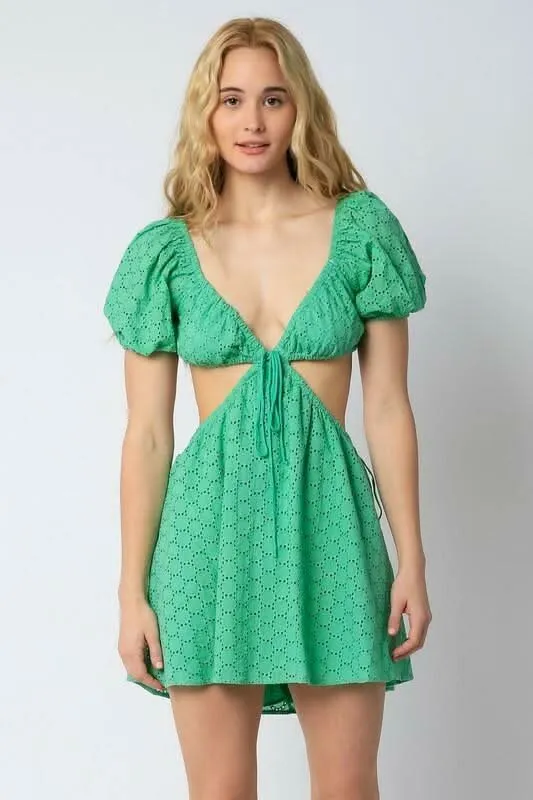 Lenah Green Eyelet Cutout Mini Dress sold by Boho Pink