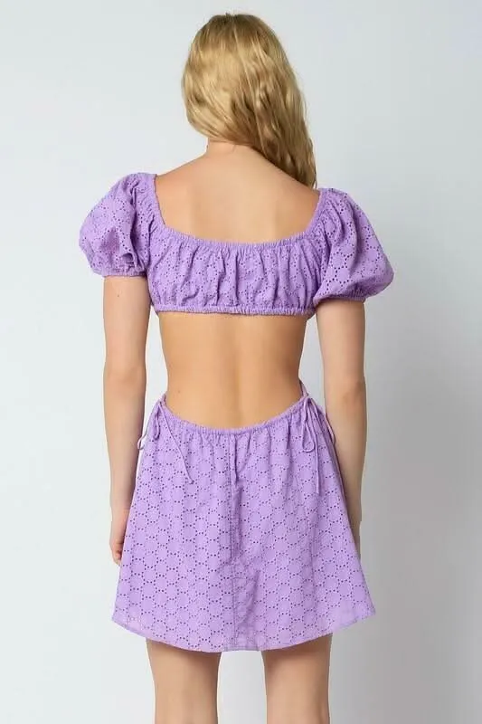 Lenah Lavender Eyelet Cutout Mini Dress sold by Boho Pink product image thumbnail 2