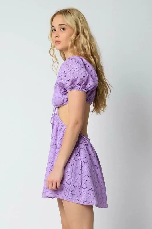 Lenah Lavender Eyelet Cutout Mini Dress sold by Boho Pink product image thumbnail 3