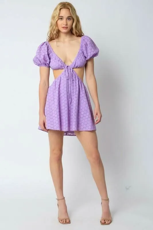 Lenah Lavender Eyelet Cutout Mini Dress sold by Boho Pink product image thumbnail 4