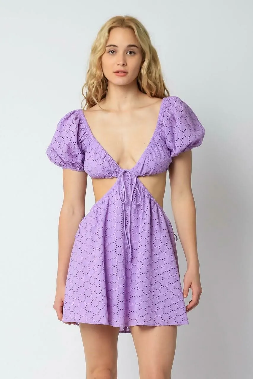 Lenah Lavender Eyelet Cutout Mini Dress sold by Boho Pink