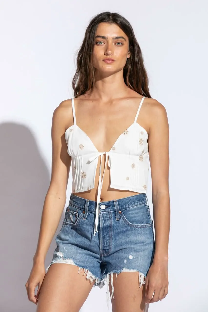 Kim White and Tan Embroidered Floral Crop Top sold by Boho Pink