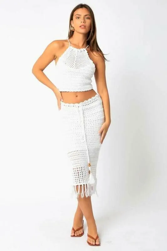 Salty Sun White Knit Halter Lace-Up Midi Dress Set sold by Boho Pink