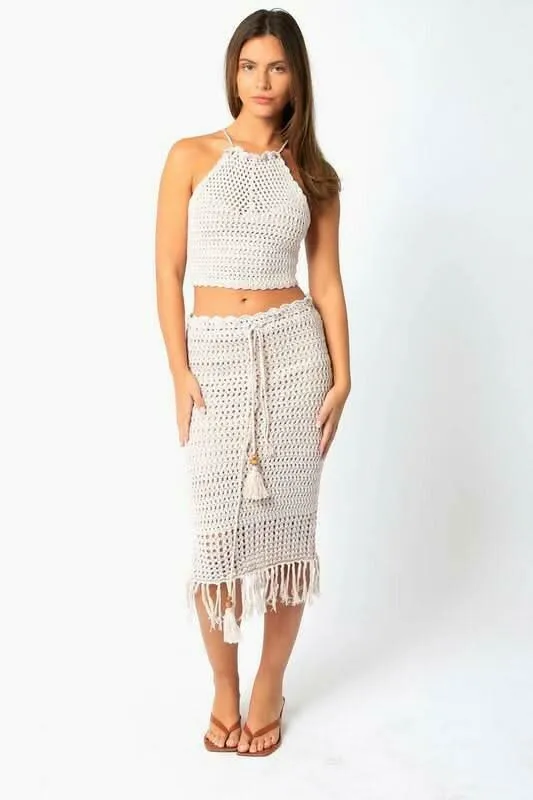 Salty Sun Blush Knit Halter Lace-Up Midi Dress Set sold by Boho Pink
