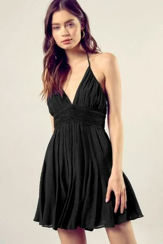 Arianna Black Lace Halter Mini Dress sold by Boho Pink