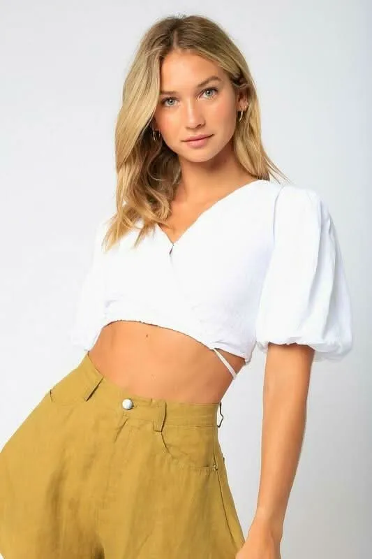 Wild Summer White Wrap Puff Sleeve Crop Top sold by Boho Pink