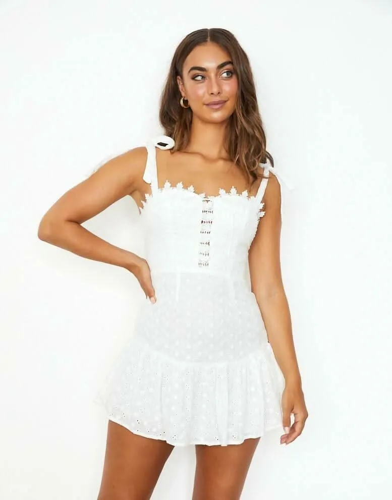 Bella White Eyelet Crochet Lace Mini Dress sold by Boho Pink product image thumbnail 4