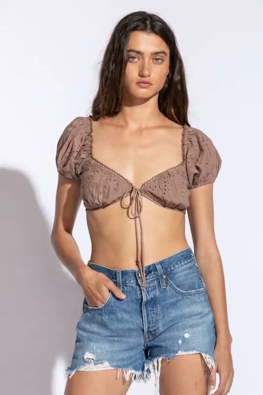 Candice Brown Eyelet Puff Sleeve Crop Top sold by Boho Pink