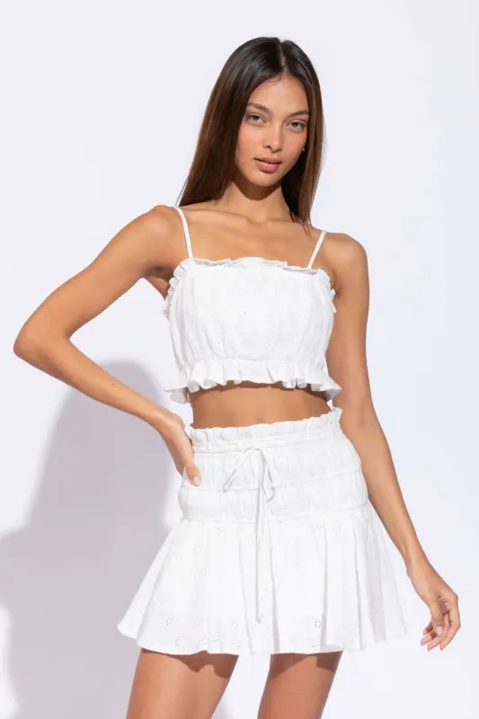 Pharos White Eyelet Cropped Two-Piece Skirt Set sold by Boho Pink
