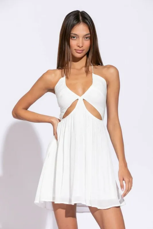 Monika White Cutout Halter Mini Dress sold by Boho Pink