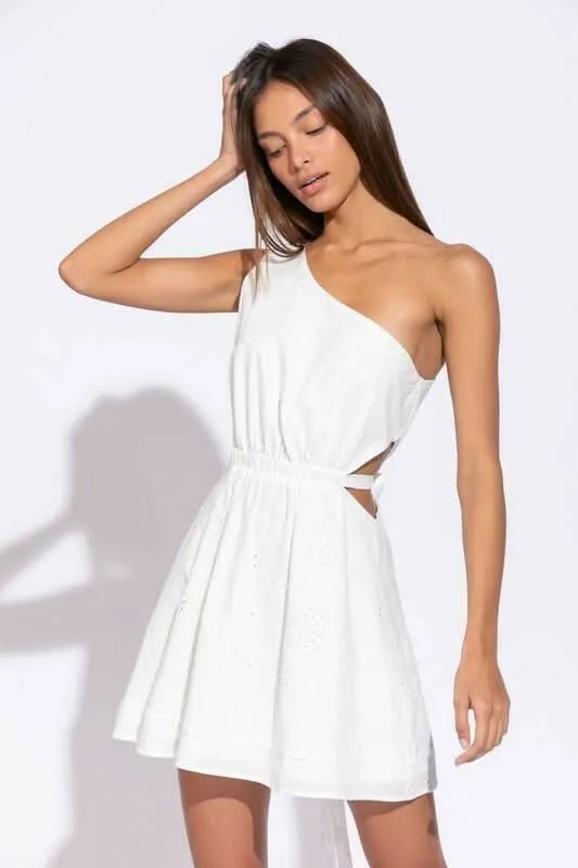Poised For Grace White Eyelet One Shoulder Flare Dress made by Sky to Moon