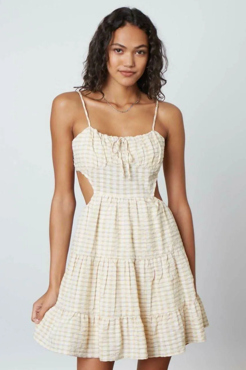 Juliet Yellow Stripe Print Backless Ruffled Mini Dress sold by Boho Pink