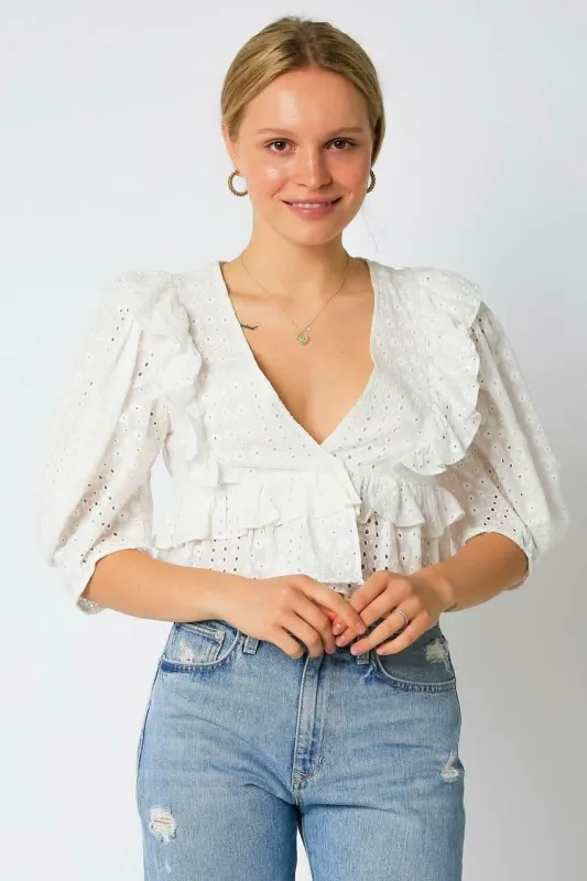 Take Me With You White Eyelet Puff Sleeve Top sold by Boho Pink