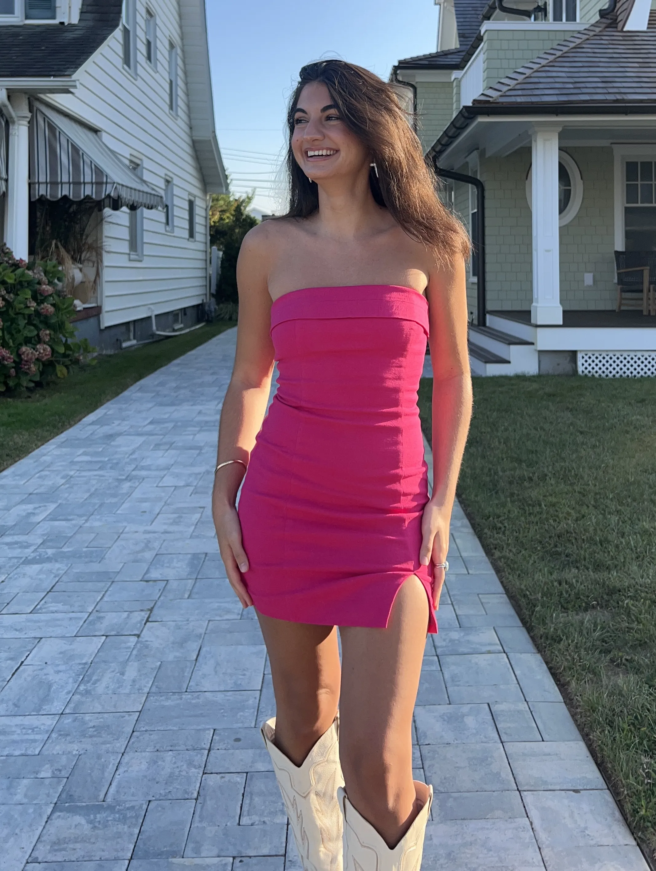 On My Mind Hot Pink Strapless Mini Dress sold by Boho Pink product image thumbnail 4