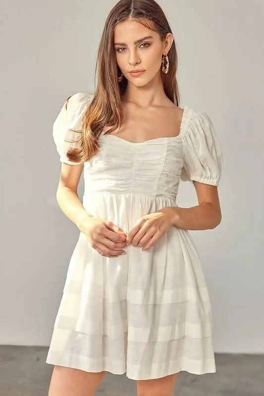 Josephine White Ruched Puff Sleeve Mini Dress sold by Boho Pink