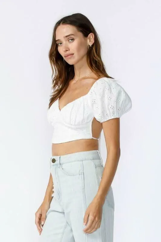 Ramona White Eyelet Backless Puff Sleeve Crop Top sold by Boho Pink product image thumbnail 4