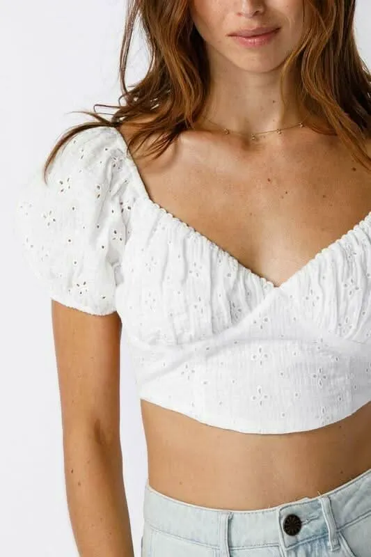 Ramona White Eyelet Backless Puff Sleeve Crop Top sold by Boho Pink product image thumbnail 5