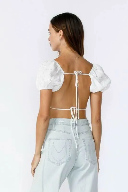 Ramona White Eyelet Backless Puff Sleeve Crop Top sold by Boho Pink product image thumbnail 2