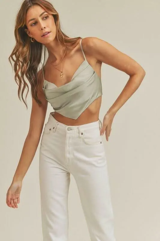 Meghan Sage Satin Cowl Neck Crop Top sold by Boho Pink product image thumbnail 4