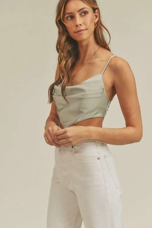 Meghan Sage Satin Cowl Neck Crop Top sold by Boho Pink product image thumbnail 2