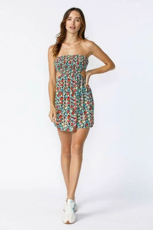 Ambrosia Blue and Red Floral Print Strapless Mini Dress sold by Boho Pink
