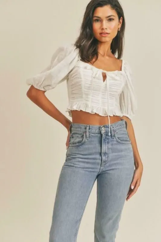 Kimberly White Square Neck Puff Sleeve Crop Top sold by Boho Pink