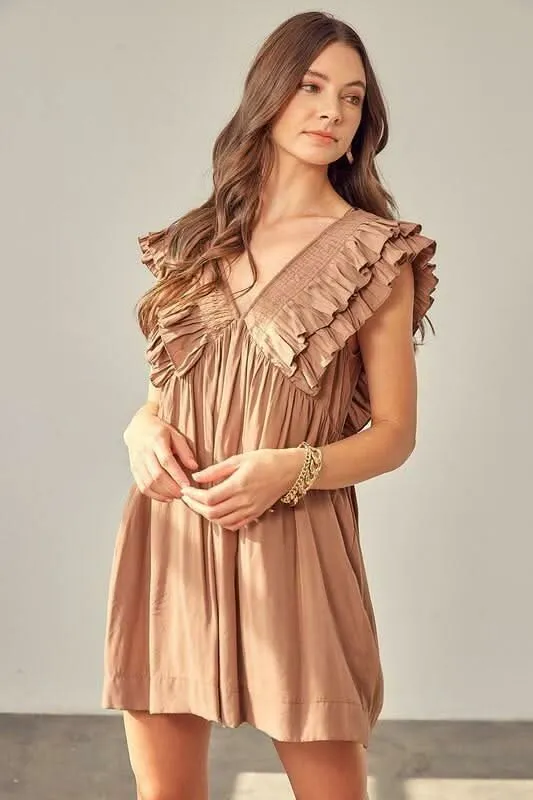 Kat Latte Ruffle Romper Dress made by Mustard Seed