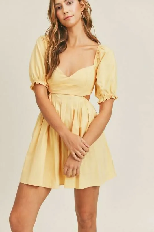 Breaking Hearts Yellow Puff Sleeve Mini Dress sold by Boho Pink