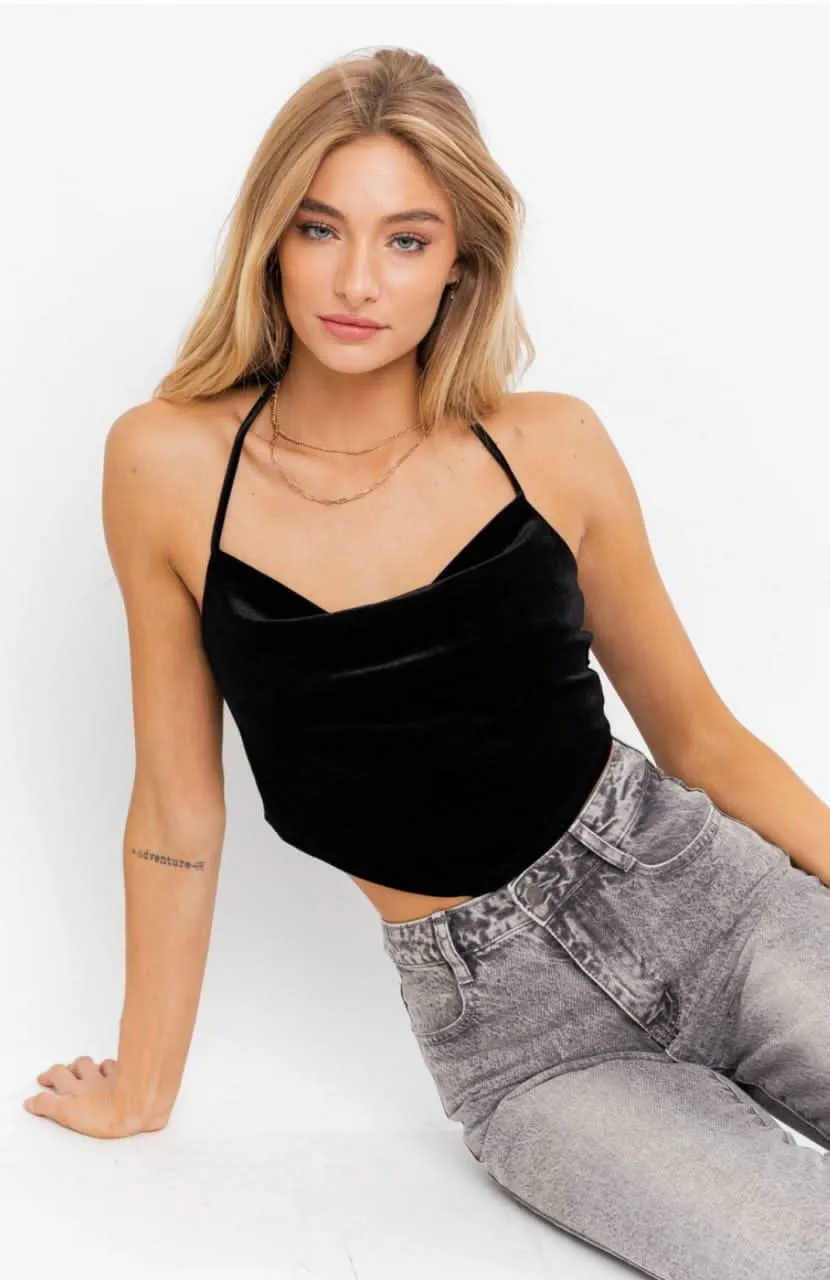Clara Black Velvet Halter Crop Top sold by Boho Pink product image thumbnail 2