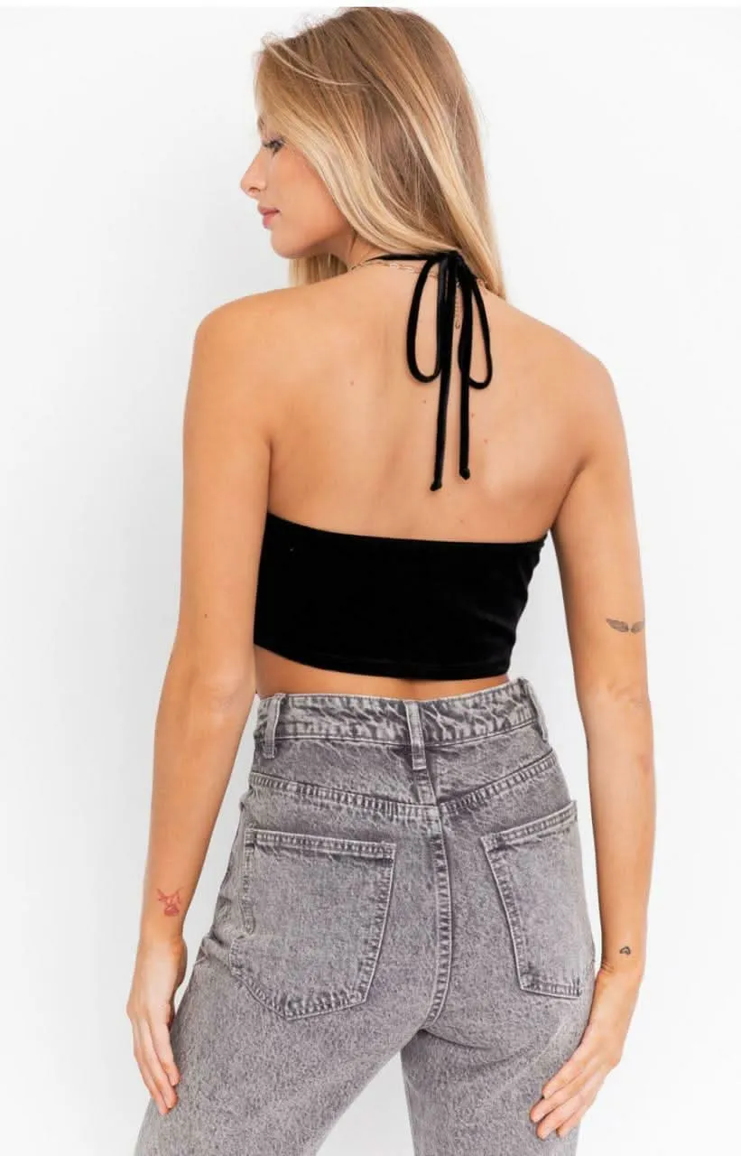 Clara Black Velvet Halter Crop Top sold by Boho Pink product image thumbnail 4
