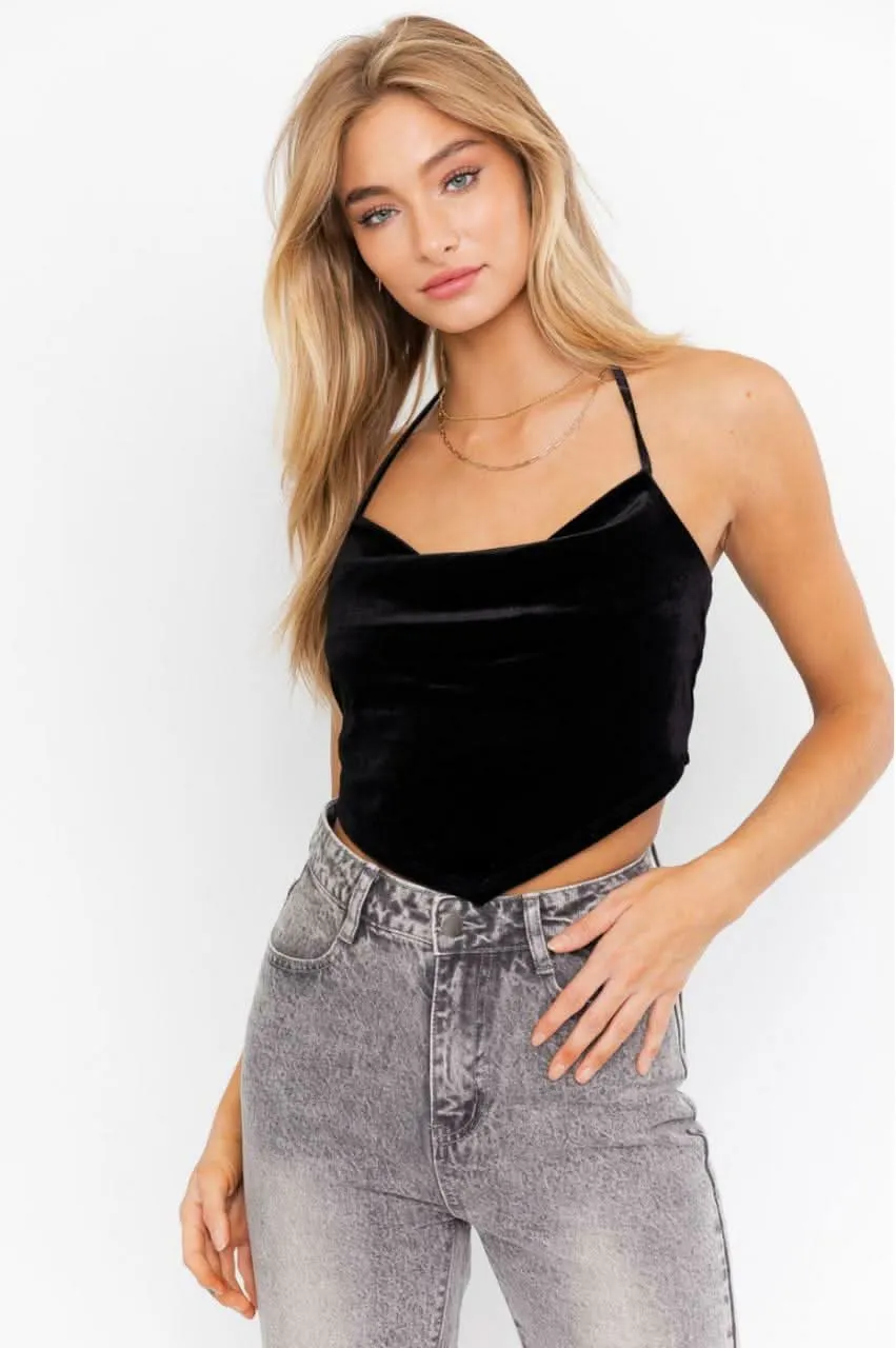 Clara Black Velvet Halter Crop Top sold by Boho Pink