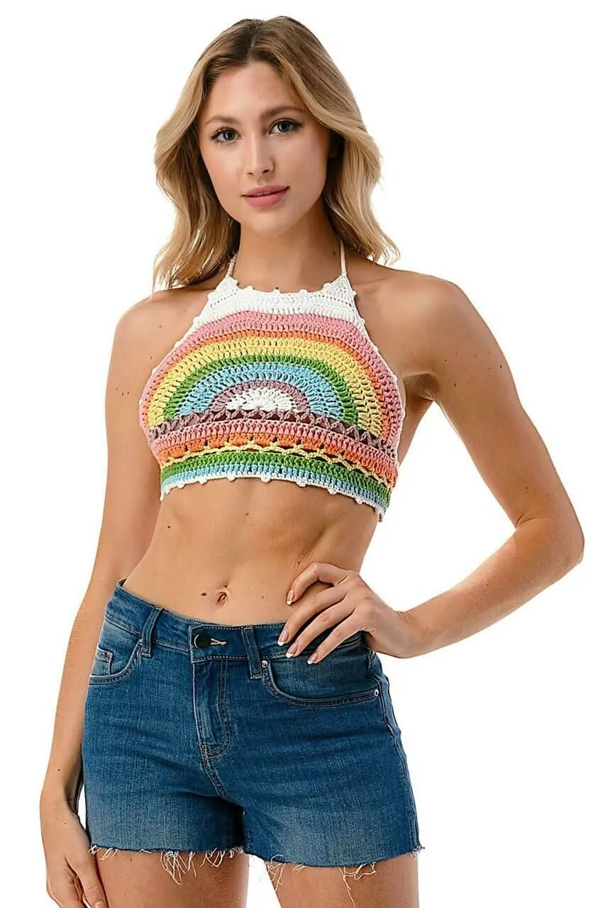 Tulula Summer Daze Pastel Rainbow Crochet Halter Crop Top sold by Boho Pink product image thumbnail 4