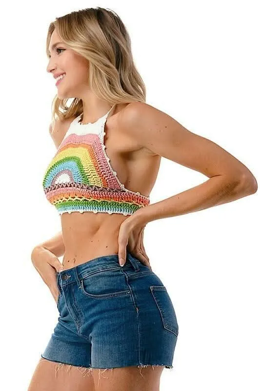 Tulula Summer Daze Pastel Rainbow Crochet Halter Crop Top sold by Boho Pink product image thumbnail 2
