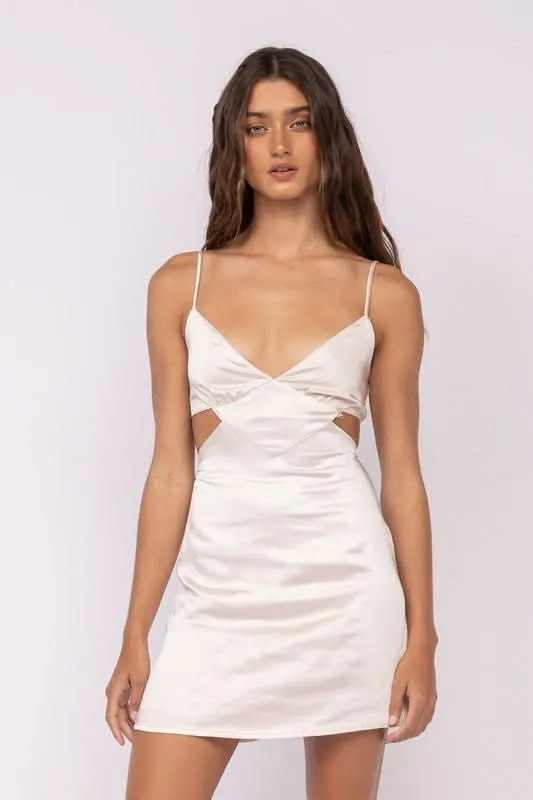 Sweet Talker Cream Satin Cutout Mini Dress sold by Boho Pink
