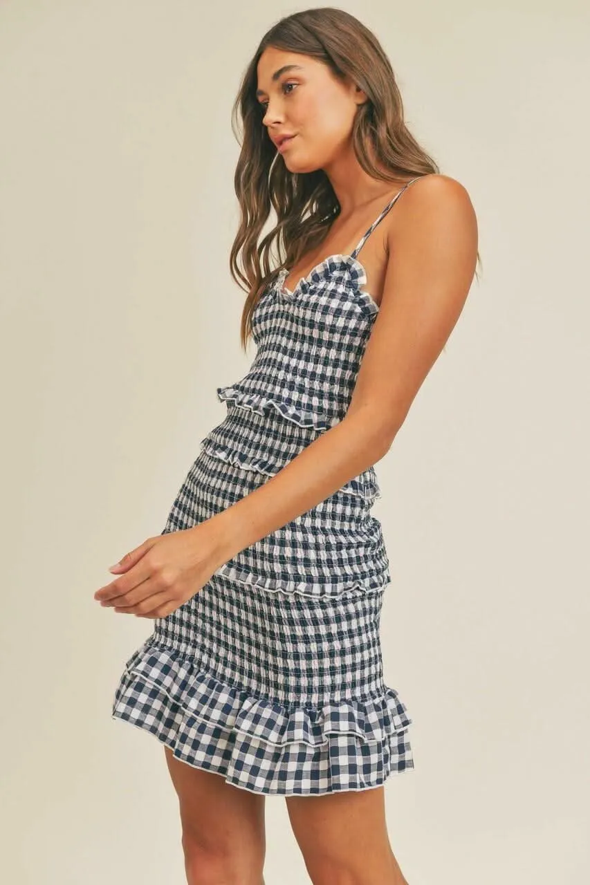Lily Navy Blue Gingham Smocked Ruffle Mini Dress sold by Boho Pink product image thumbnail 4