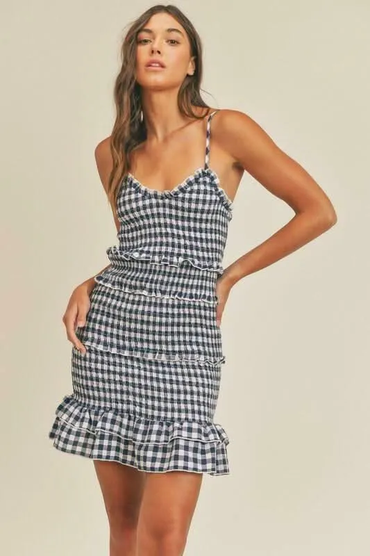 Lily Navy Blue Gingham Smocked Ruffle Mini Dress sold by Boho Pink