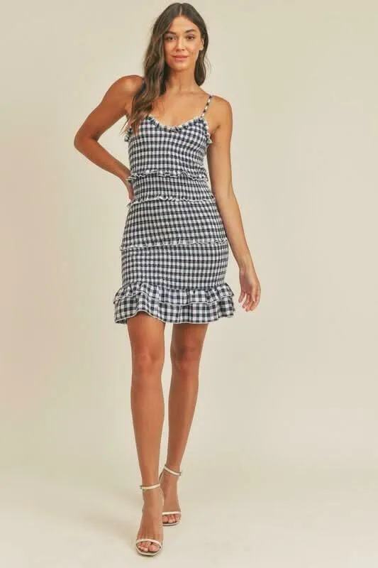 Lily Navy Blue Gingham Smocked Ruffle Mini Dress sold by Boho Pink product image thumbnail 2