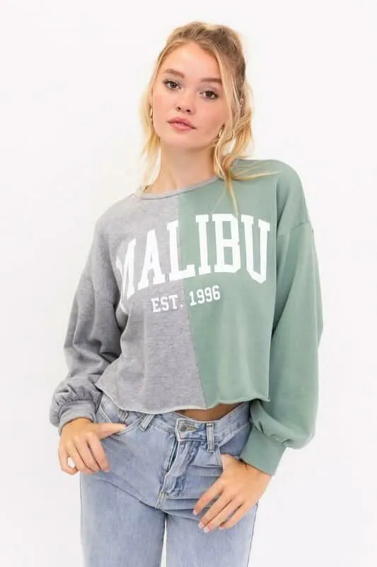 Malibu Grey and Sage Graphic Cropped Sweatshirt sold by Boho Pink