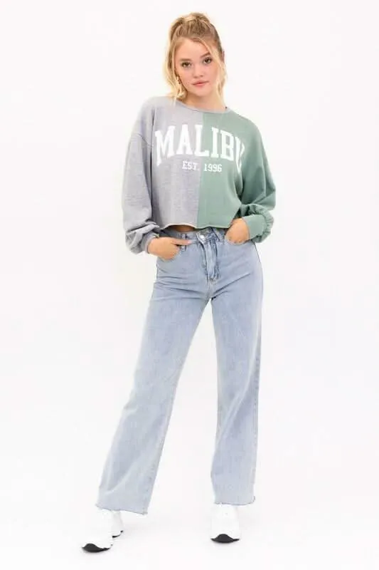 Malibu Grey and Sage Graphic Cropped Sweatshirt sold by Boho Pink product image thumbnail 3
