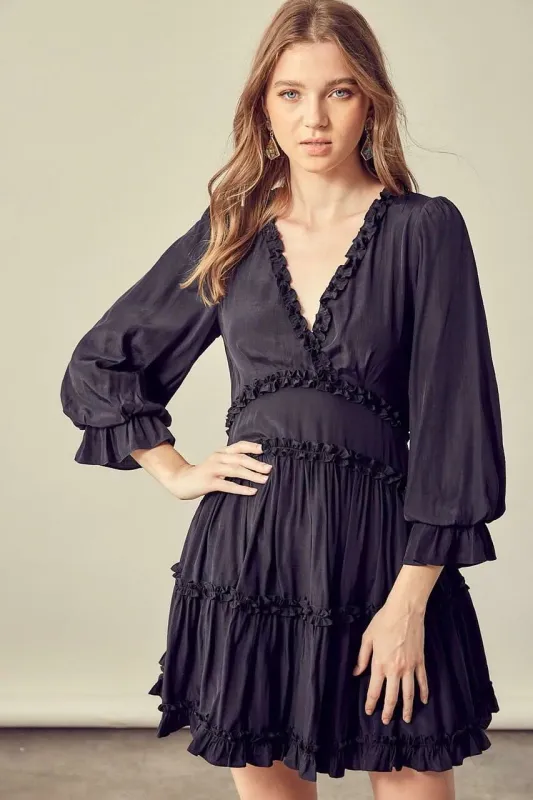 Adele Black Long Sleeve Ruffle Mini Dress sold by Boho Pink