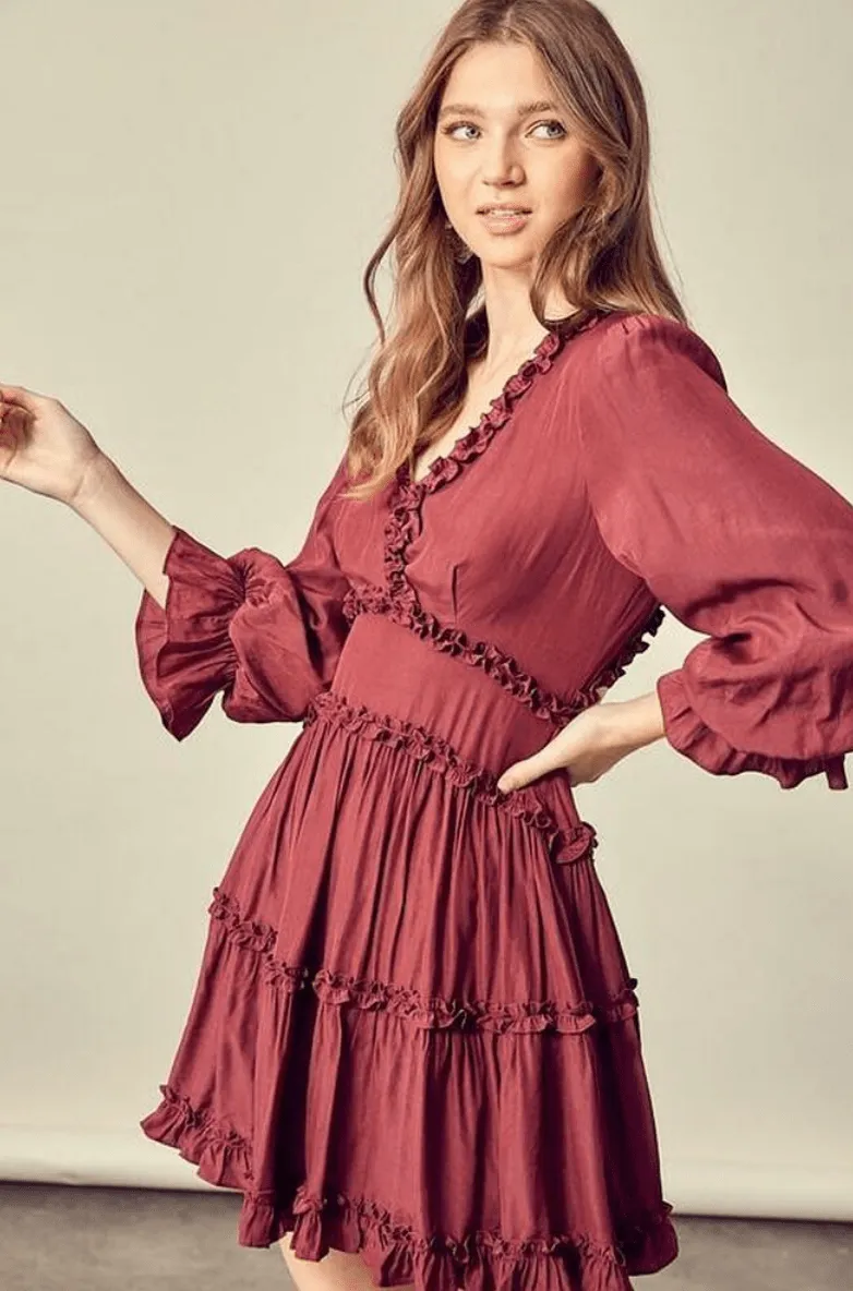Adele Wine Long Sleeve Ruffle Mini Dress sold by Boho Pink product image thumbnail 2