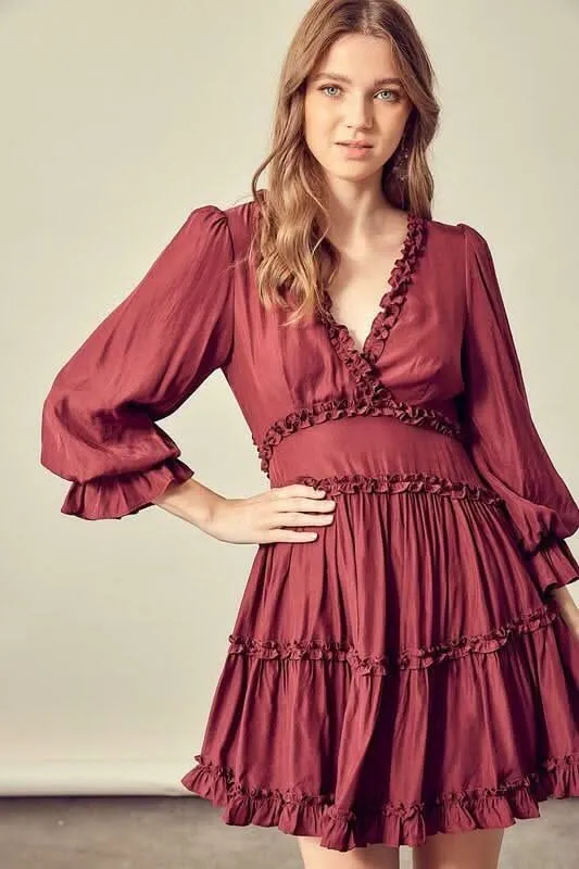 Adele Wine Long Sleeve Ruffle Mini Dress sold by Boho Pink