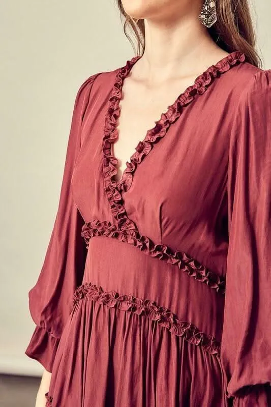 Adele Wine Long Sleeve Ruffle Mini Dress sold by Boho Pink product image thumbnail 5