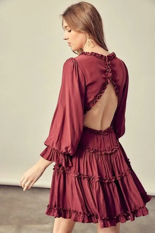 Adele Wine Long Sleeve Ruffle Mini Dress sold by Boho Pink product image thumbnail 3