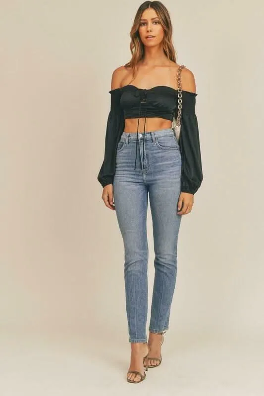Bri Black Satin Off-Shoulder Long Sleeve Crop Top sold by Boho Pink product image thumbnail 4