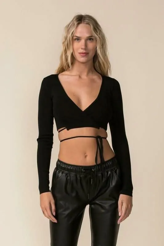 Falling For You Black Wrap Cropped Sweater Top sold by Boho Pink