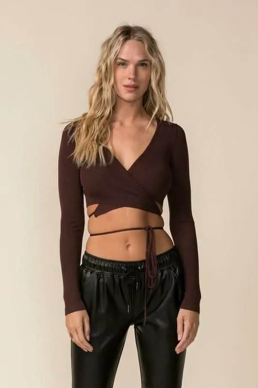 Falling For You Brown Wrap Cropped Sweater Top sold by Boho Pink product image thumbnail 4