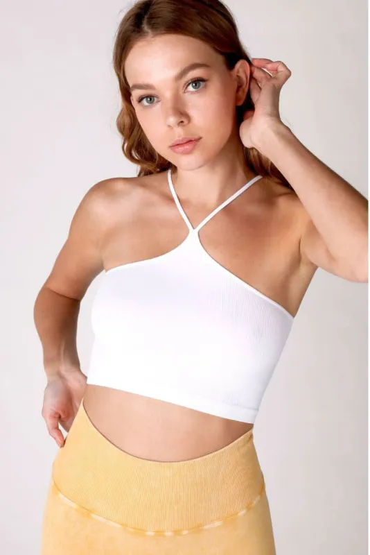 NIKIBIKI White Ribbed Halter Bralette sold by Boho Pink