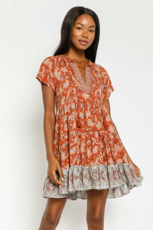 Dulce Rust Floral Print Mini Dress sold by Boho Pink